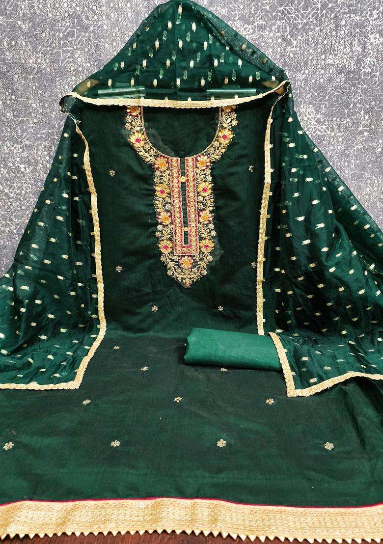Green Embroidery Chanderi Salwar Kameez - Indya