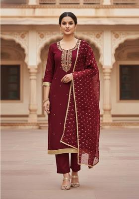 maroon Embroidery Chanderi Salwar Kameez