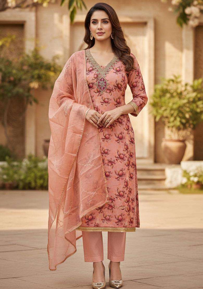 Peach Embroidery Organza Salwar Kameez - Indya