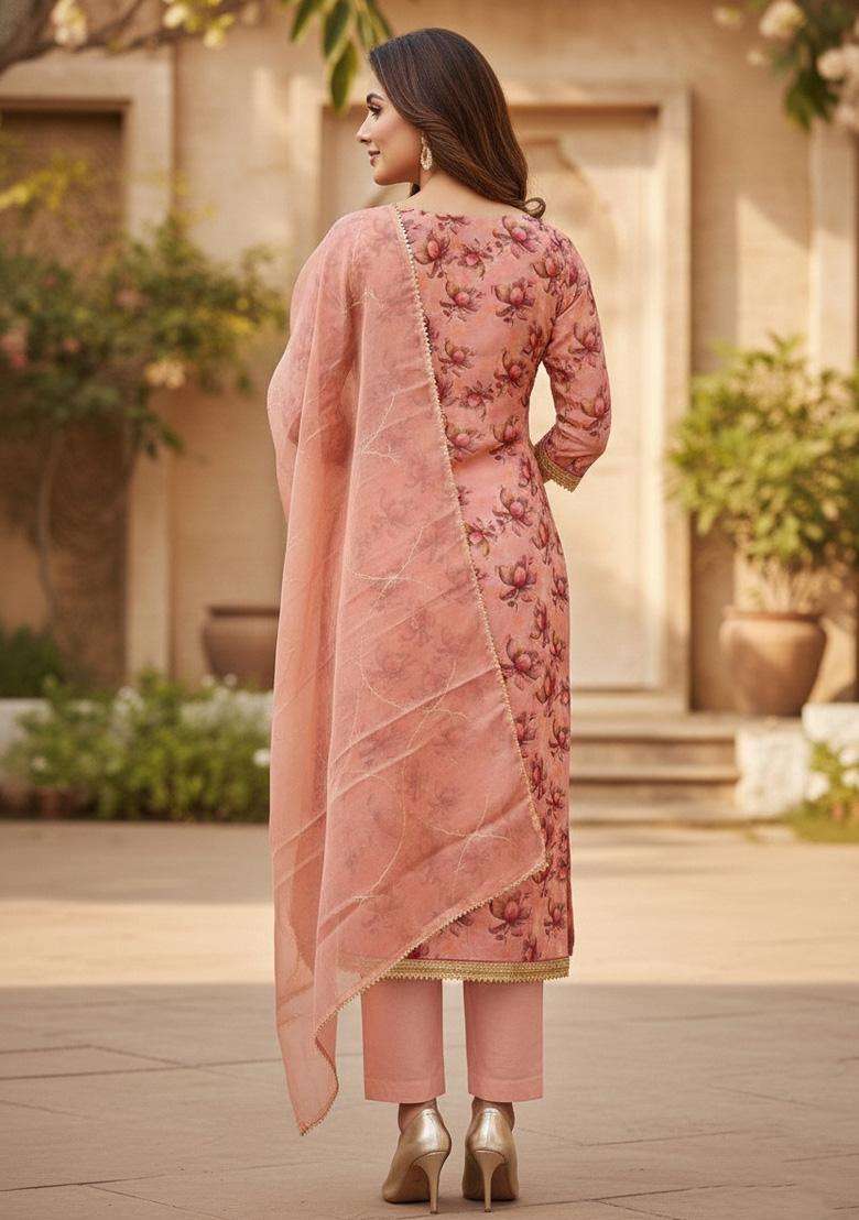 Peach Embroidery Organza Salwar Kameez - Indya