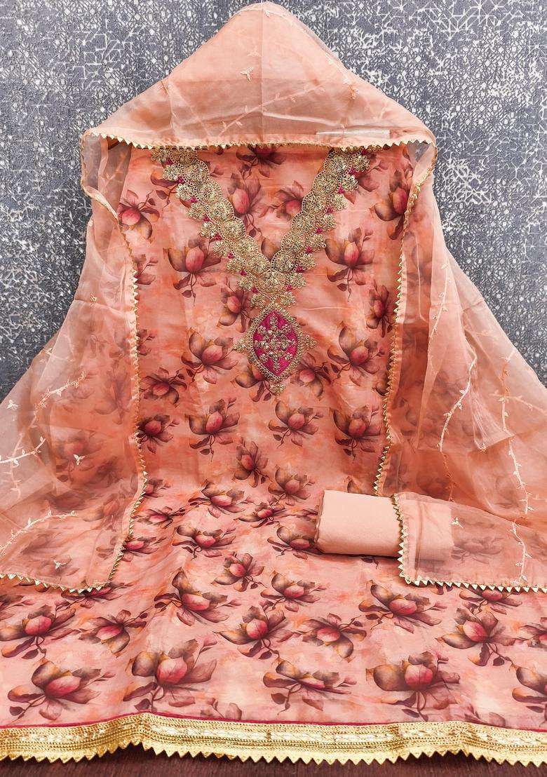 Peach Embroidery Organza Salwar Kameez - Indya