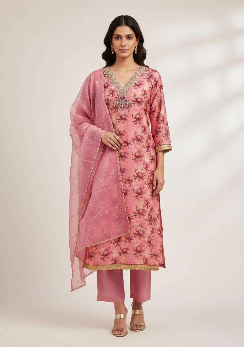 Pink Embroidery Organza Salwar Kameez - Indya