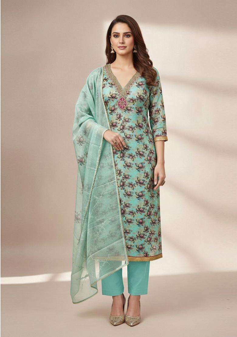 Sea Green Embroidery Organza Salwar Kameez - Indya