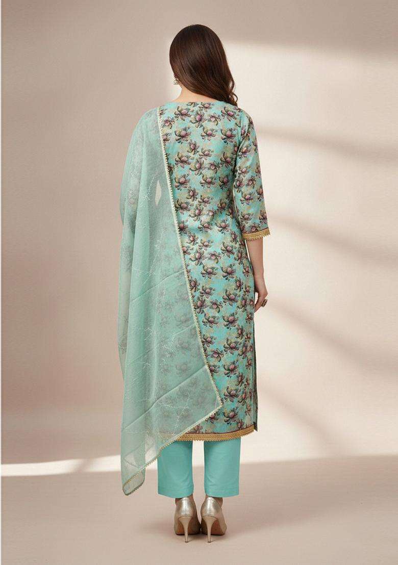 Sea Green Embroidery Organza Salwar Kameez - Indya
