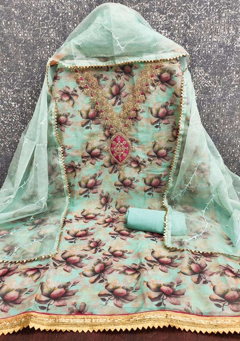 Sea Green Embroidery Organza Salwar Kameez - Indya