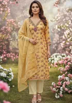 Yellow Embroidery Organza Salwar Kameez