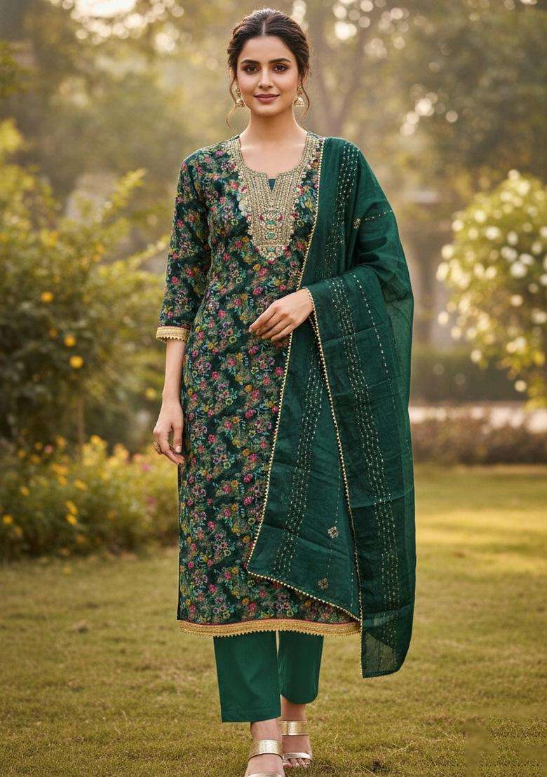 Green Embroidery Organza Salwar Kameez - Indya