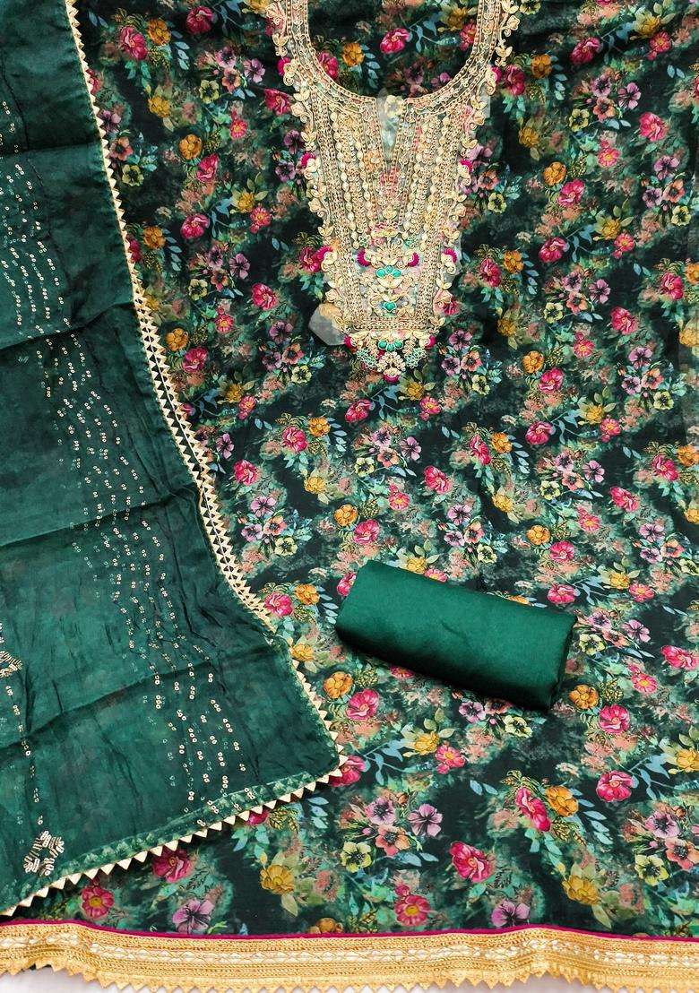 Green Embroidery Organza Salwar Kameez - Indya