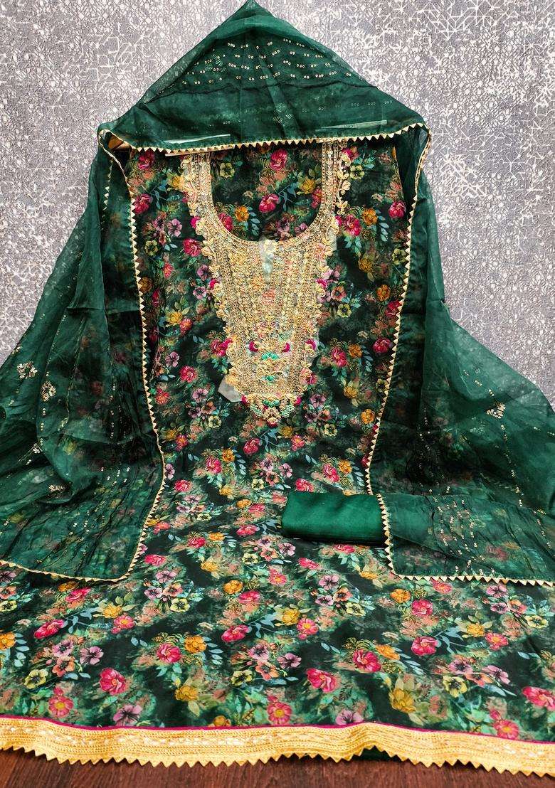 Green Embroidery Organza Salwar Kameez - Indya