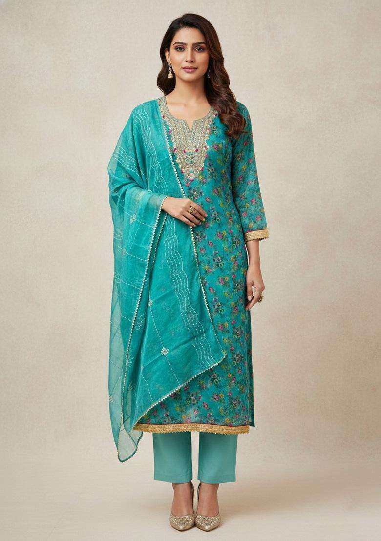Sea Green Embroidery Organza Salwar Kameez - Indya