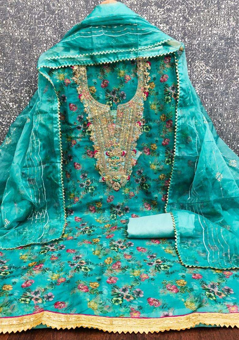 Sea Green Embroidery Organza Salwar Kameez - Indya