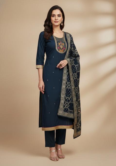 Blue Embroidery Silk Salwar Kameez