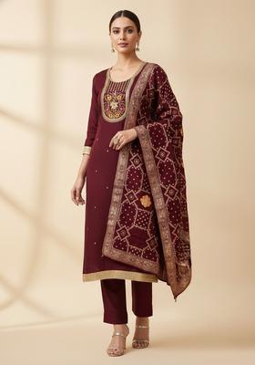 maroon Embroidery Silk Salwar Kameez