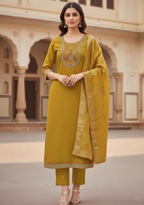 Mustard Embroidery Silk Salwar Kameez