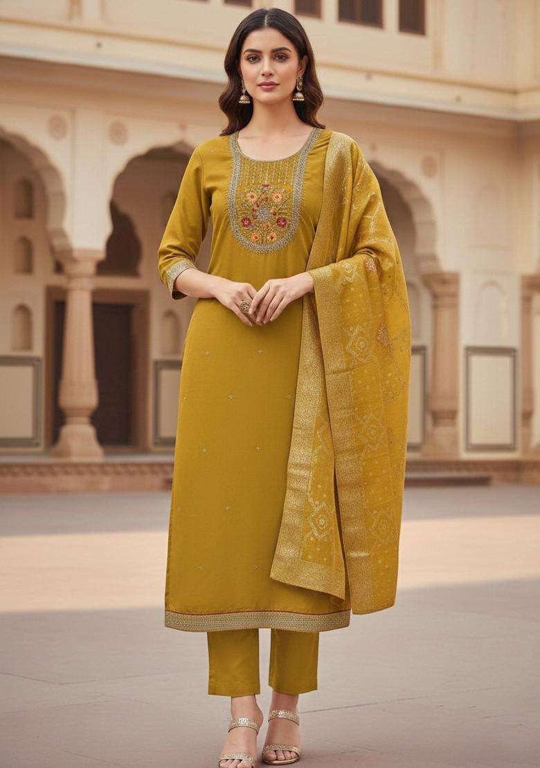 Mustard Embroidery Silk Salwar Kameez - Indya