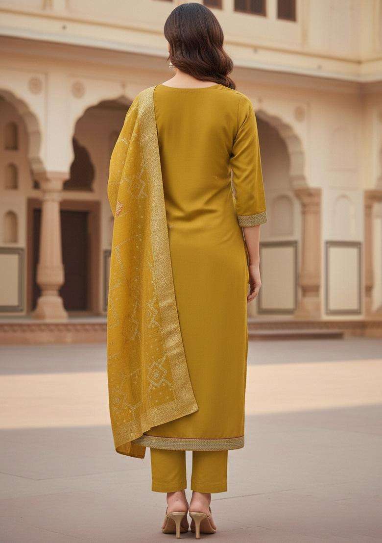 Mustard Embroidery Silk Salwar Kameez - Indya
