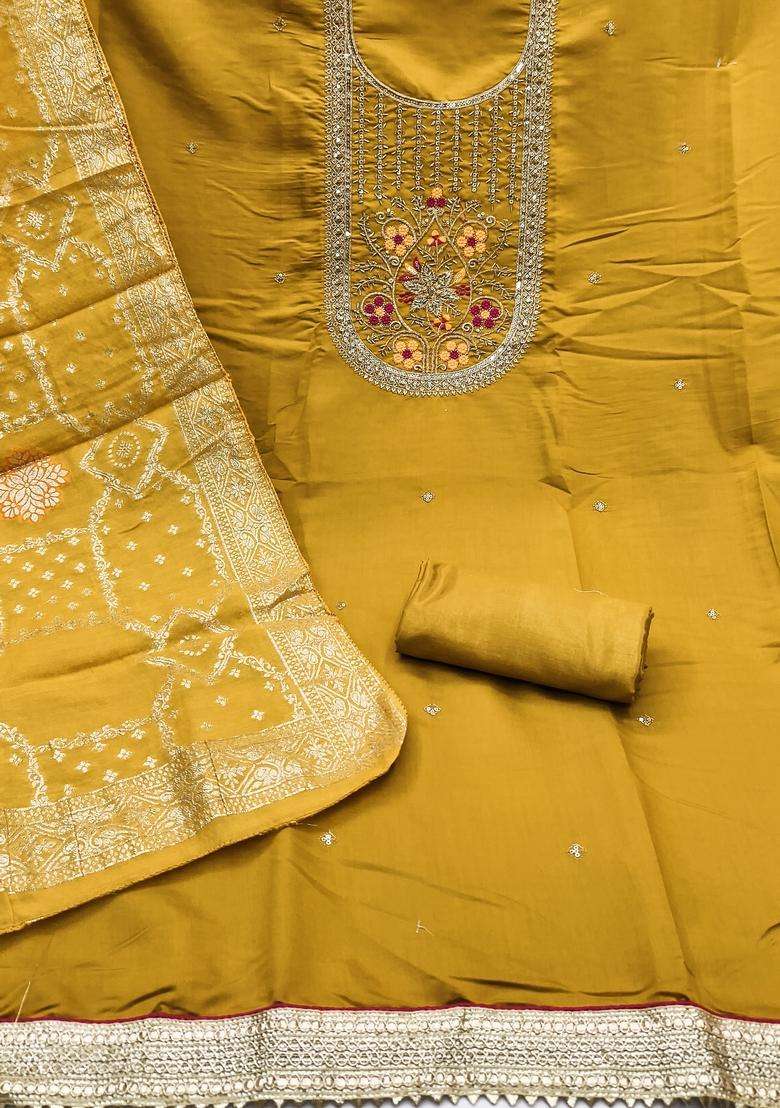 Mustard Embroidery Silk Salwar Kameez - Indya