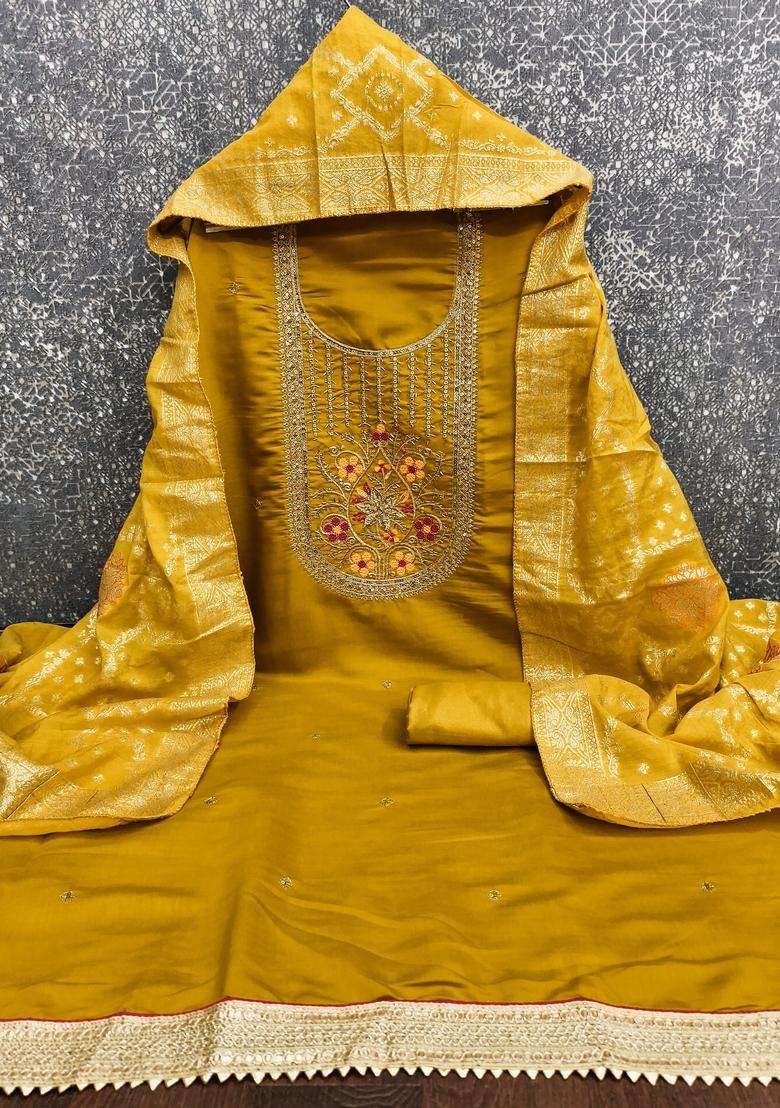 Mustard Embroidery Silk Salwar Kameez - Indya