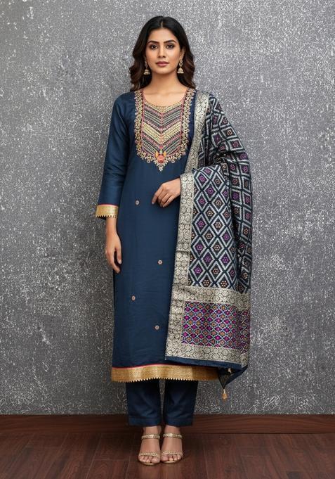 Blue Embroidery Silk Salwar Kameez