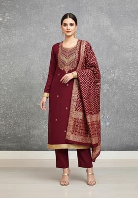 maroon Embroidery Silk Salwar Kameez