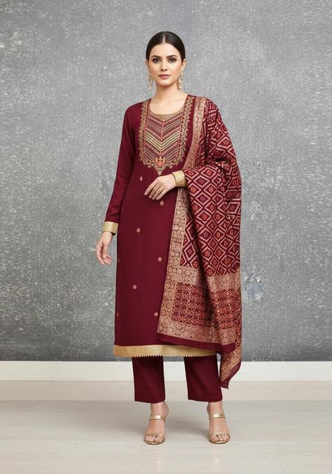 maroon Embroidery Silk Salwar Kameez