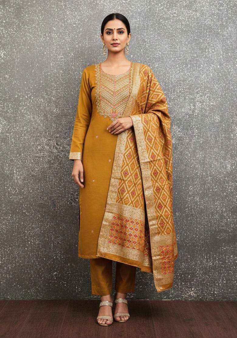 Mustard Embroidery Silk Salwar Kameez - Indya