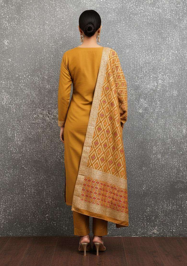 Mustard Embroidery Silk Salwar Kameez - Indya