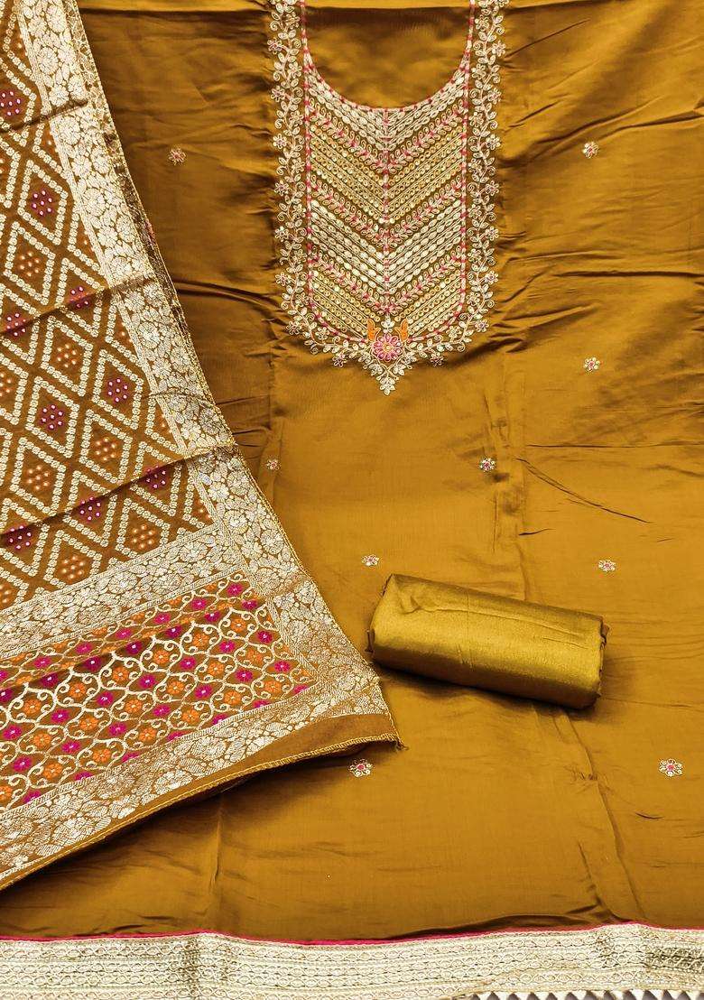 Mustard Embroidery Silk Salwar Kameez - Indya