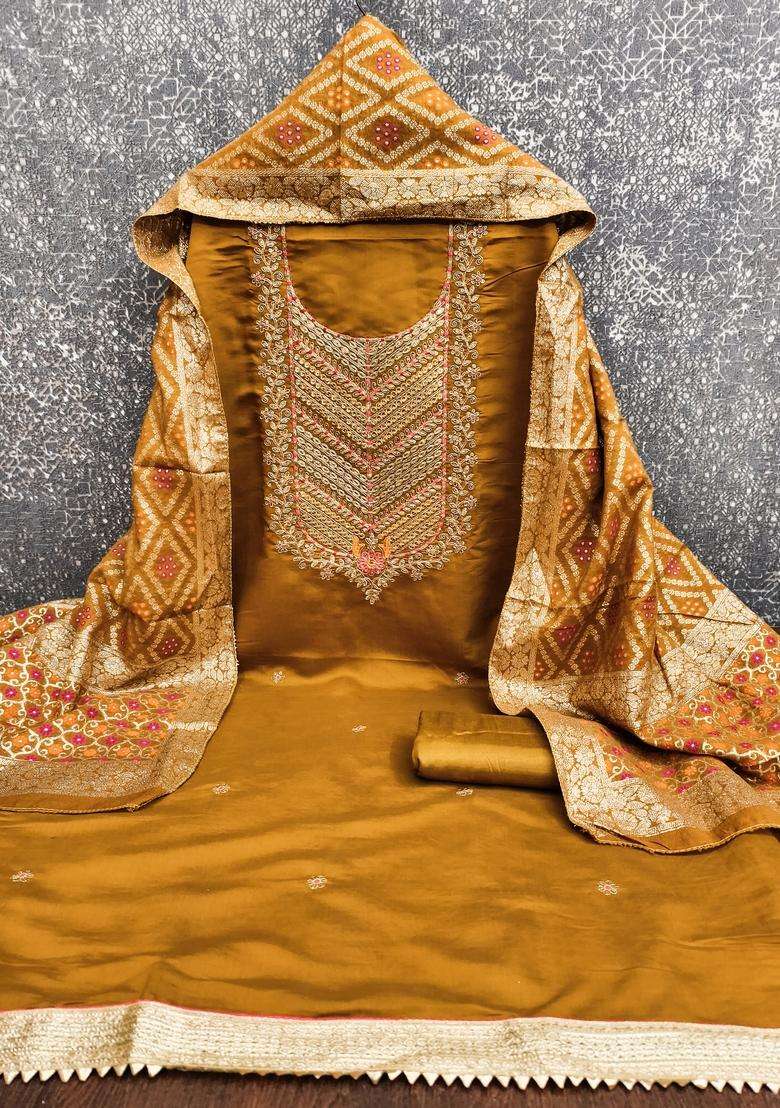 Mustard Embroidery Silk Salwar Kameez - Indya