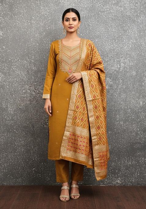 Mustard Embroidery Silk Salwar Kameez