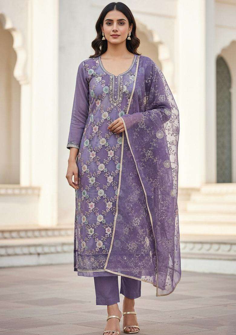 Lavender Embroidery Organza Salwar Kameez - Indya
