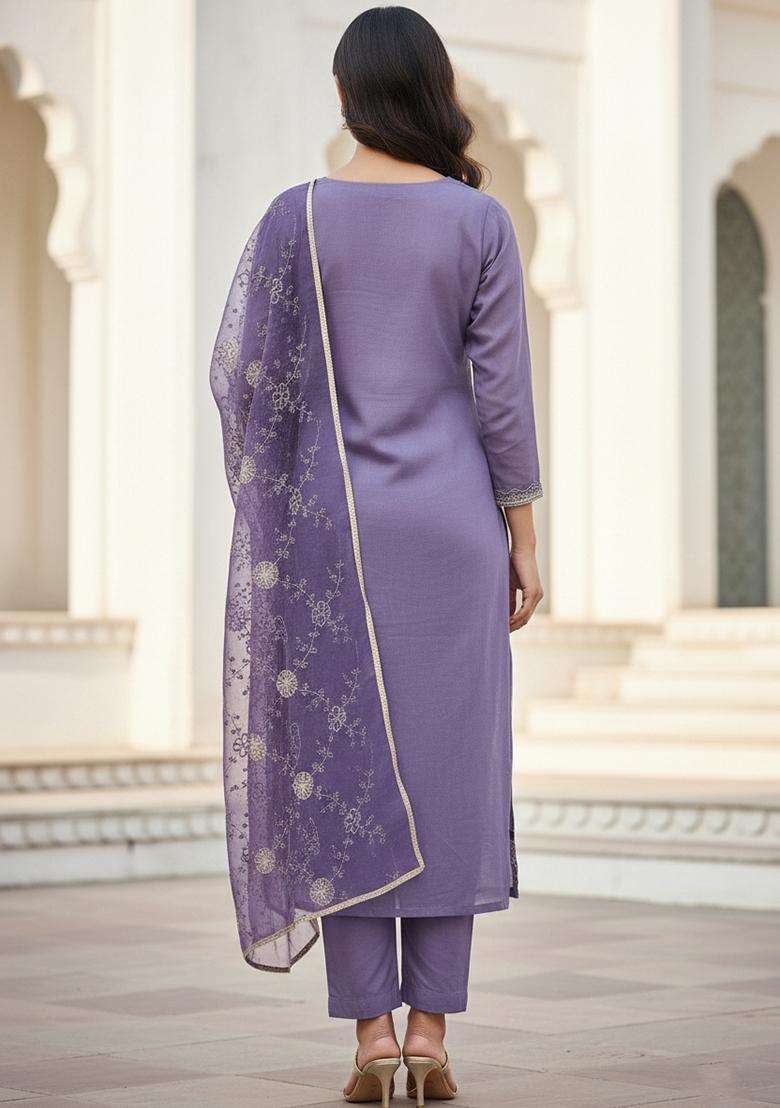 Lavender Embroidery Organza Salwar Kameez - Indya