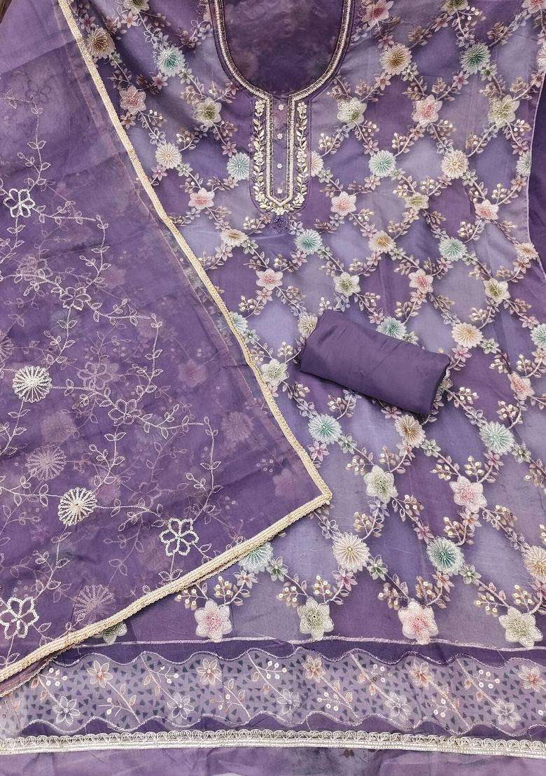 Lavender Embroidery Organza Salwar Kameez - Indya