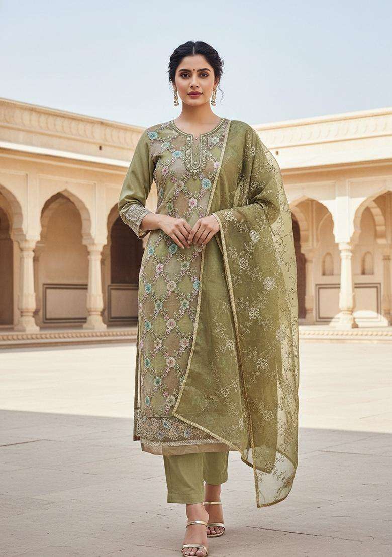 Olive Green Embroidery Organza Salwar Kameez - Indya