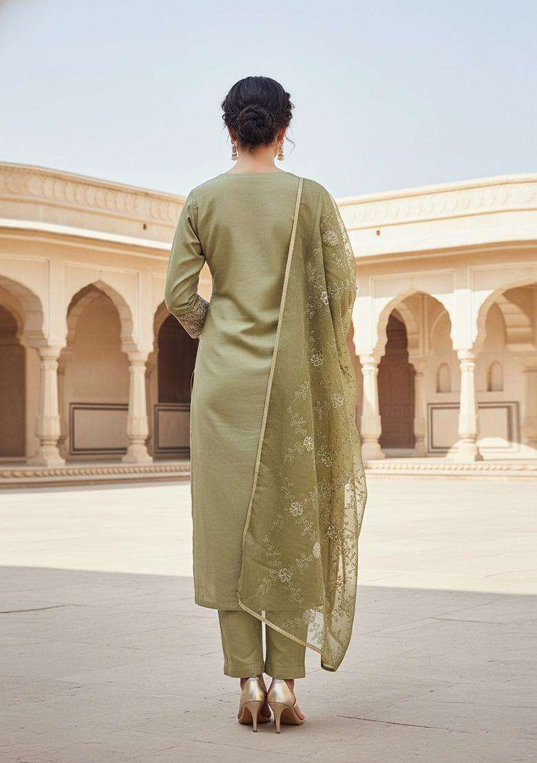 Olive Green Embroidery Organza Salwar Kameez - Indya