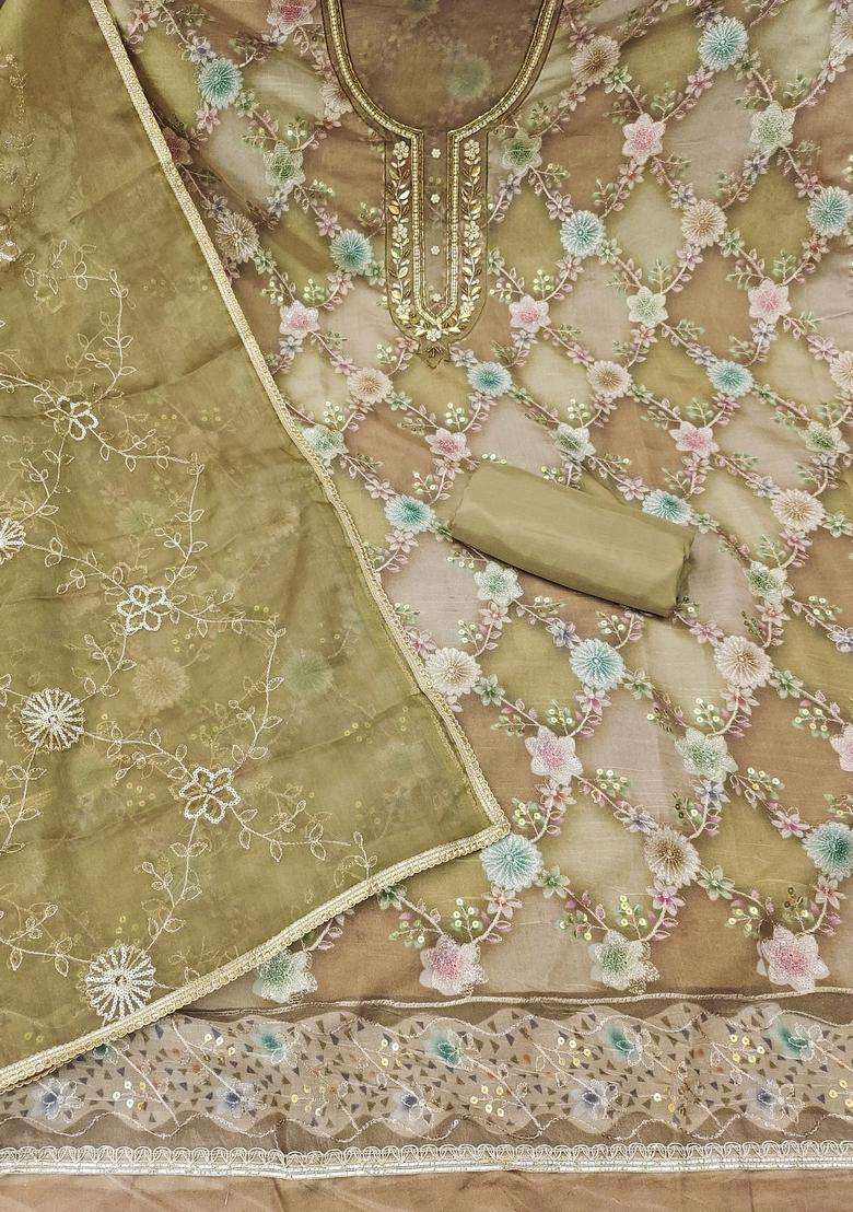 Olive Green Embroidery Organza Salwar Kameez - Indya