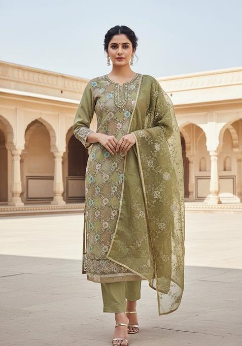 Olive Green Embroidery Organza Salwar Kameez