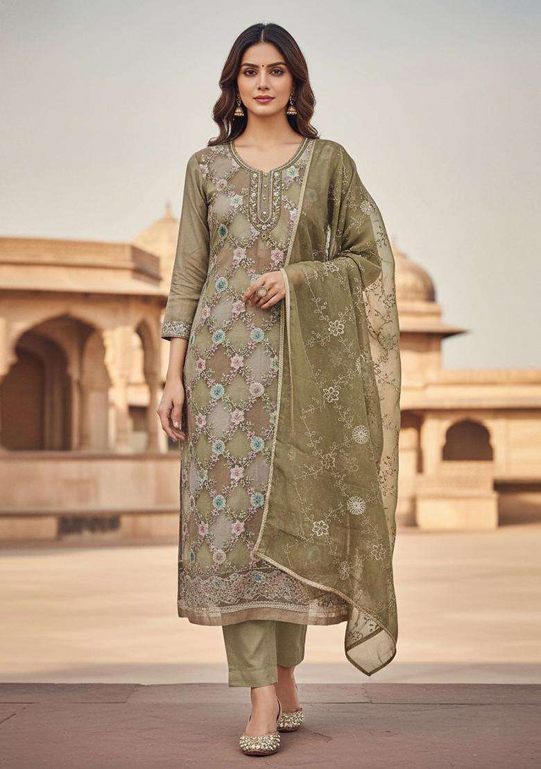 Light Green Embroidery Organza Salwar Kameez - Indya