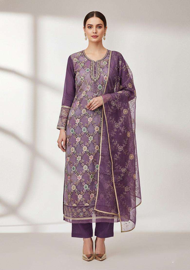Purple Embroidery Organza Salwar Kameez - Indya