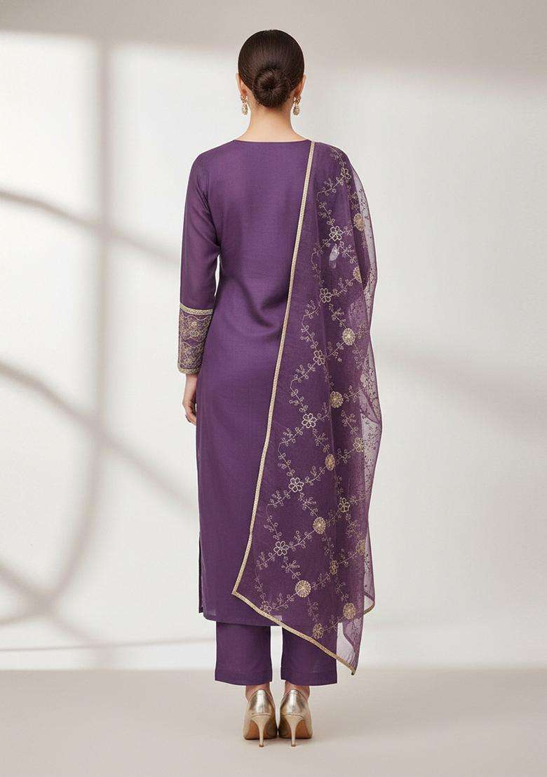 Purple Embroidery Organza Salwar Kameez - Indya