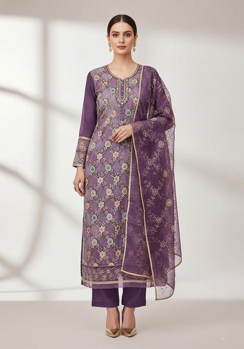 Purple Embroidery Organza Salwar Kameez