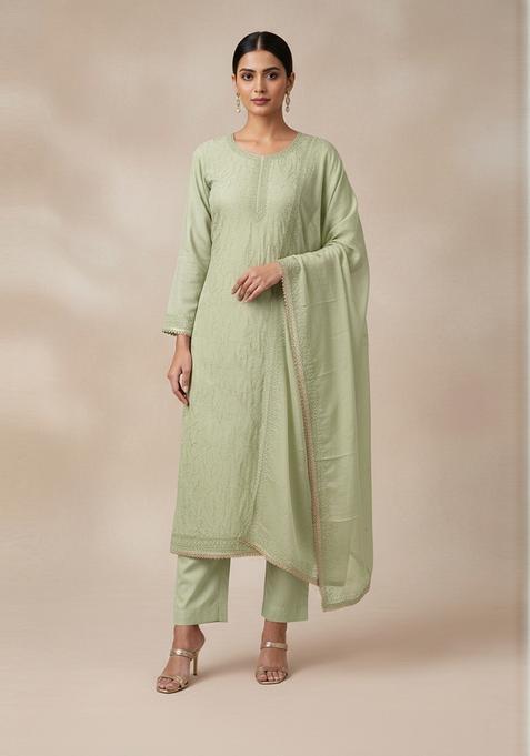 Olive Green Embroidery Silk Salwar Kameez