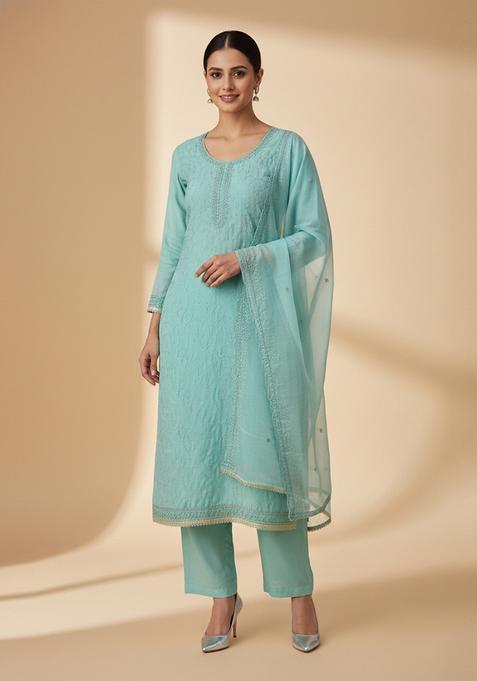 Sea Green Embroidery Silk Salwar Kameez