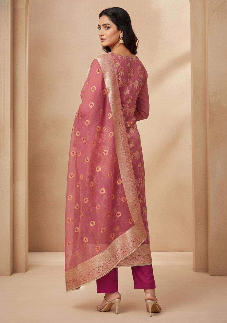 Pink Embroidery Silk Salwar Kameez - Indya