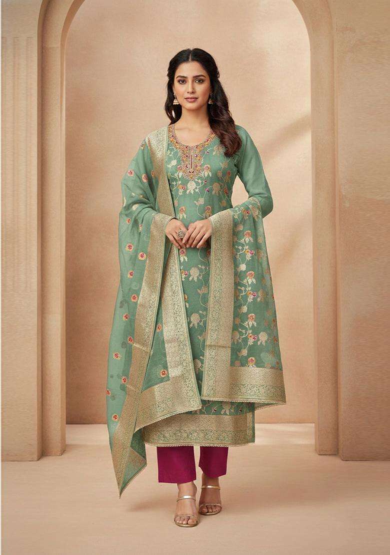 Light Green Embroidery Silk Salwar Kameez - Indya