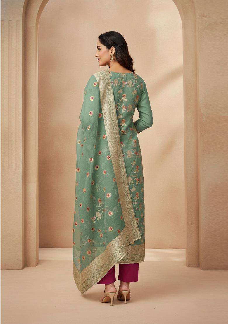 Light Green Embroidery Silk Salwar Kameez - Indya
