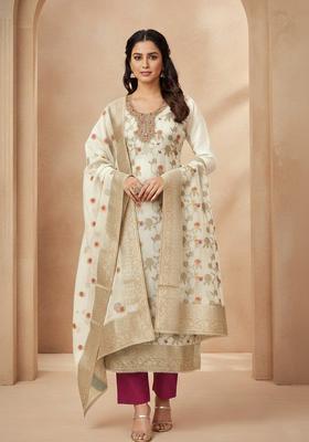 White Embroidery Silk Salwar Kameez
