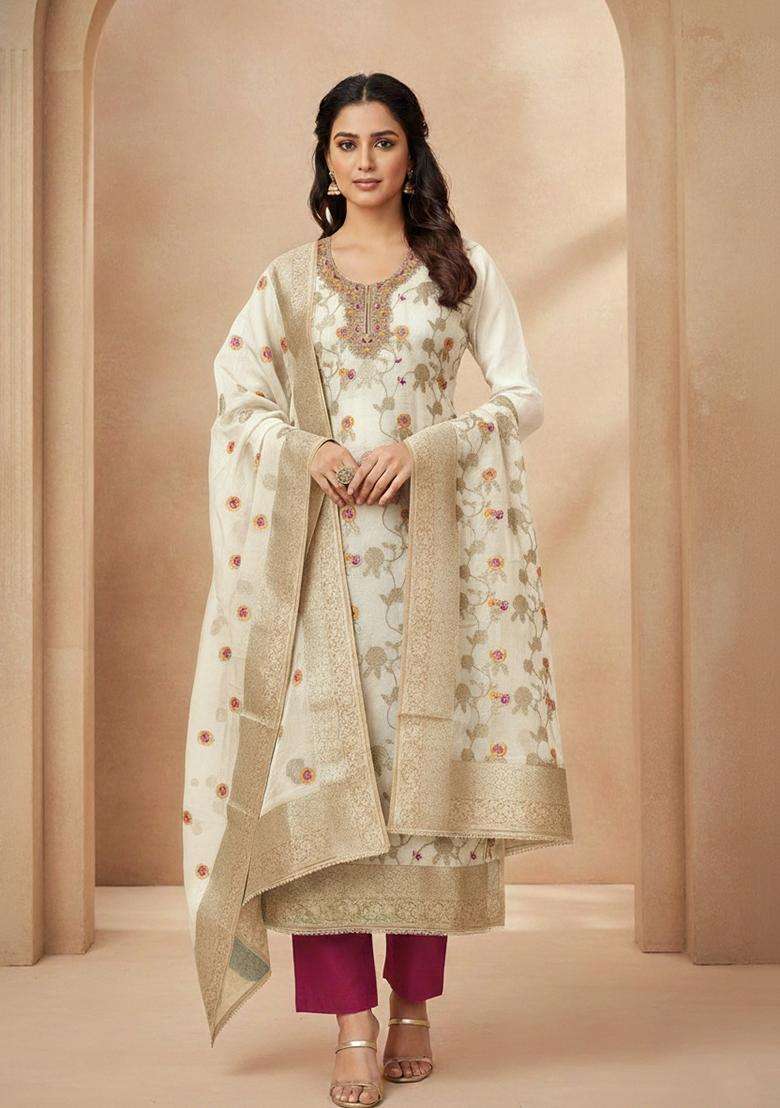 White Embroidery Silk Salwar Kameez - Indya