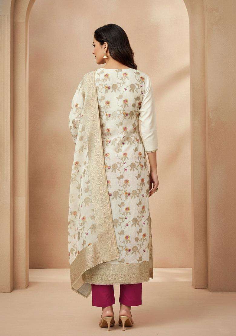 White Embroidery Silk Salwar Kameez - Indya