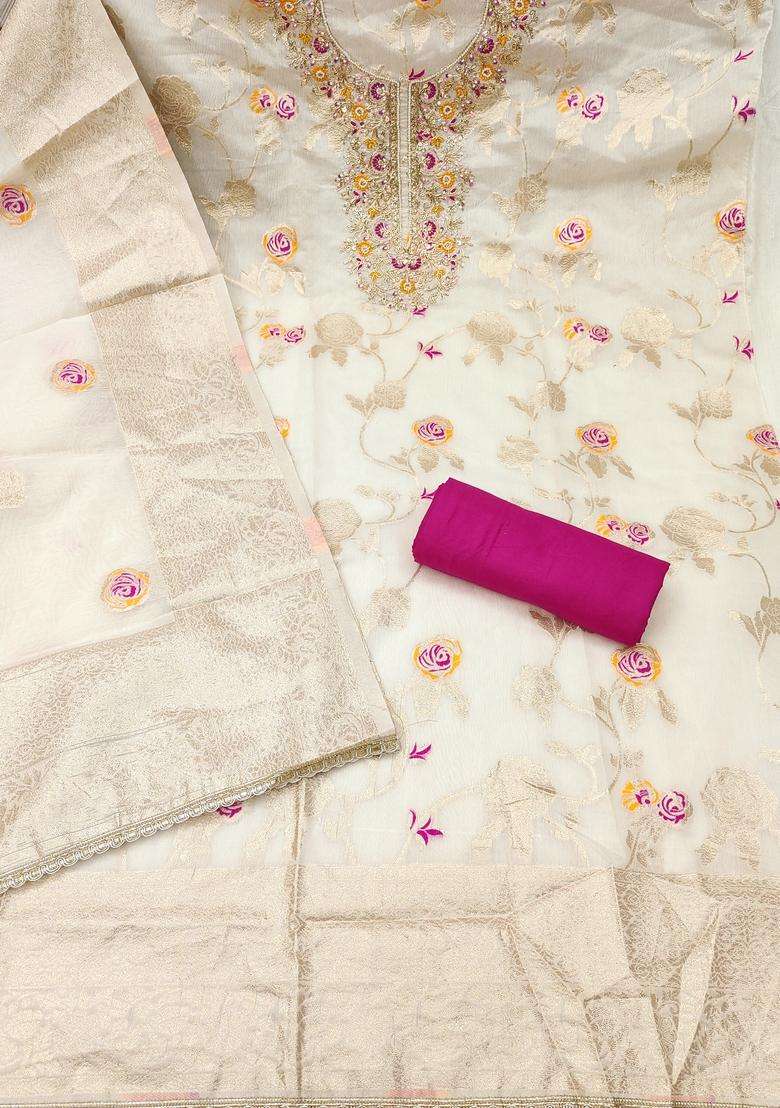 White Embroidery Silk Salwar Kameez - Indya